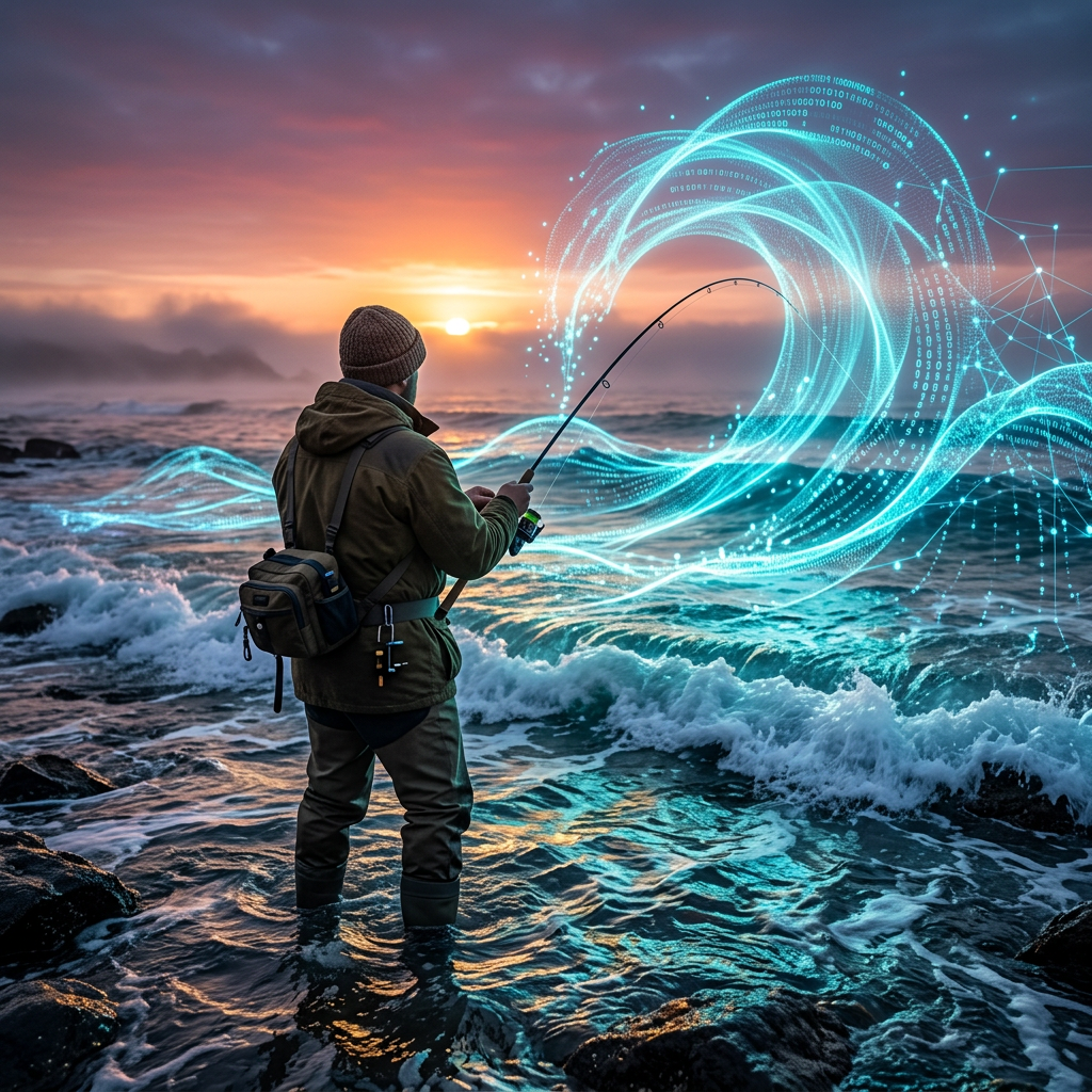 Fisherman casting a fishing rod in ocean with flowing digital data streams around