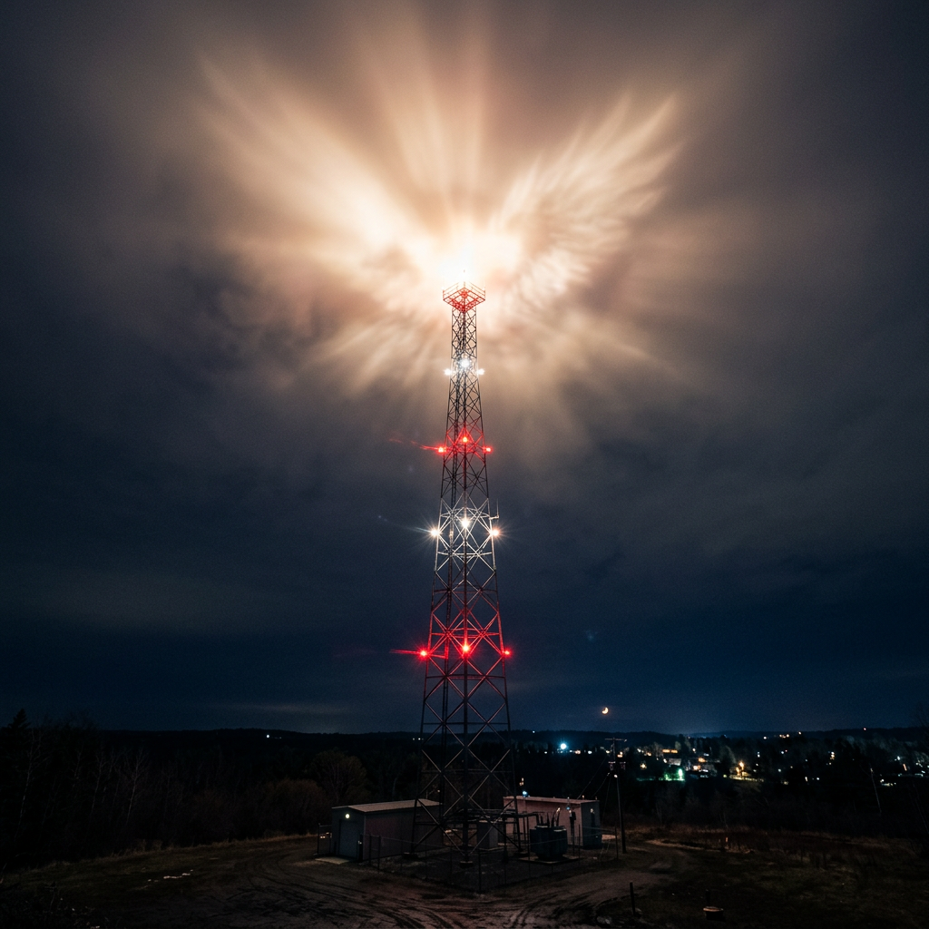 Tall communication tower glowing with bright lights creating an angel-shaped aura