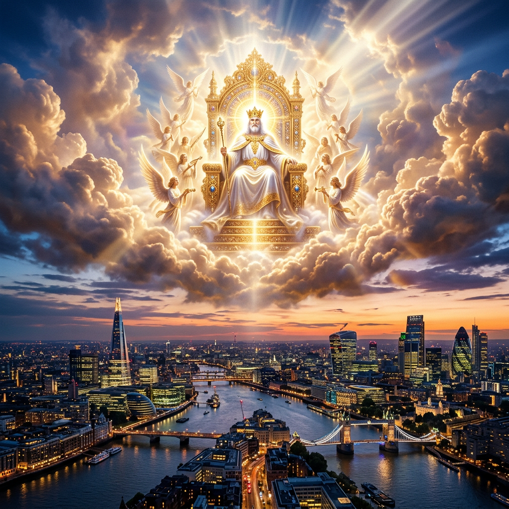 Divine king seated on golden throne surrounded by angels floating above London at sunset