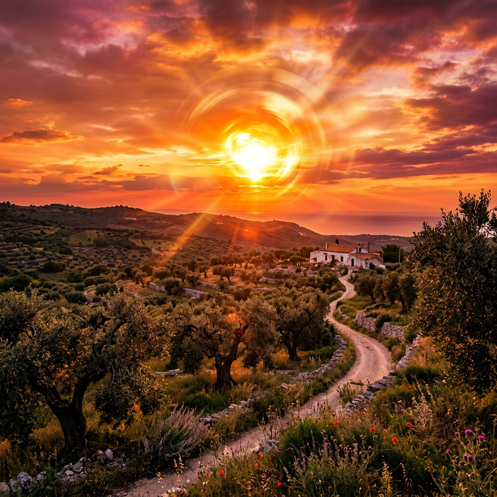 Rural landscape with olive trees, dirt road, and a house under a vibrant orange sunset
