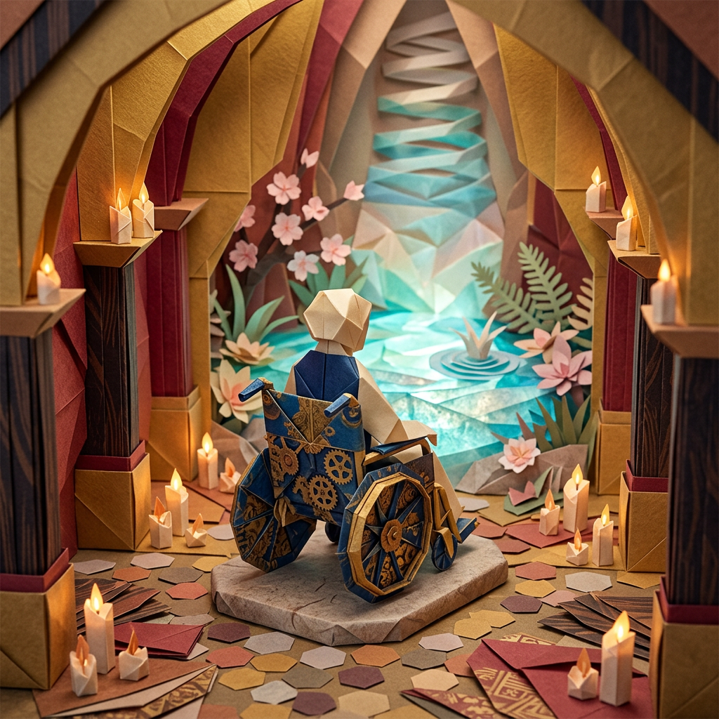 Paper art depicting a figure in a wheelchair facing a tranquil sanctuary with a small pool, flowers, and candles.