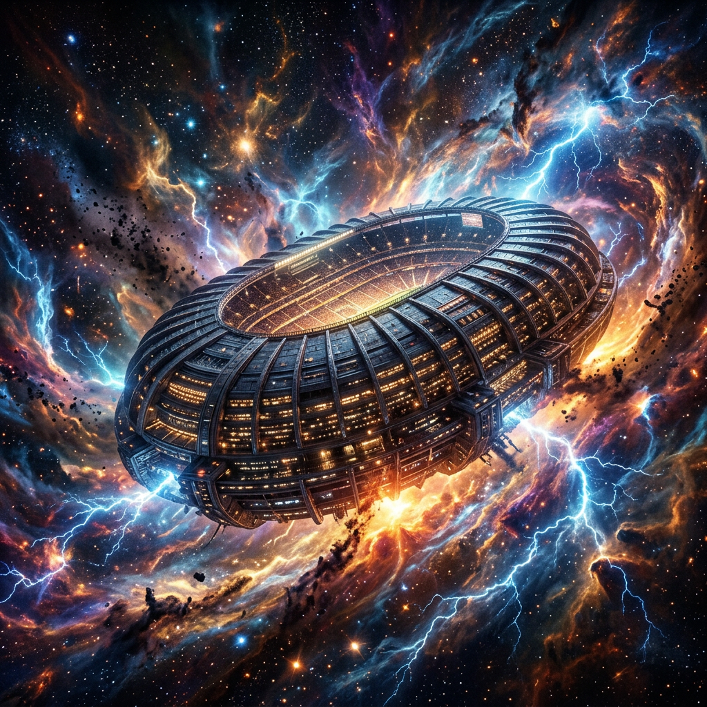 Futuristic stadium surrounded by cosmic clouds and lightning in space