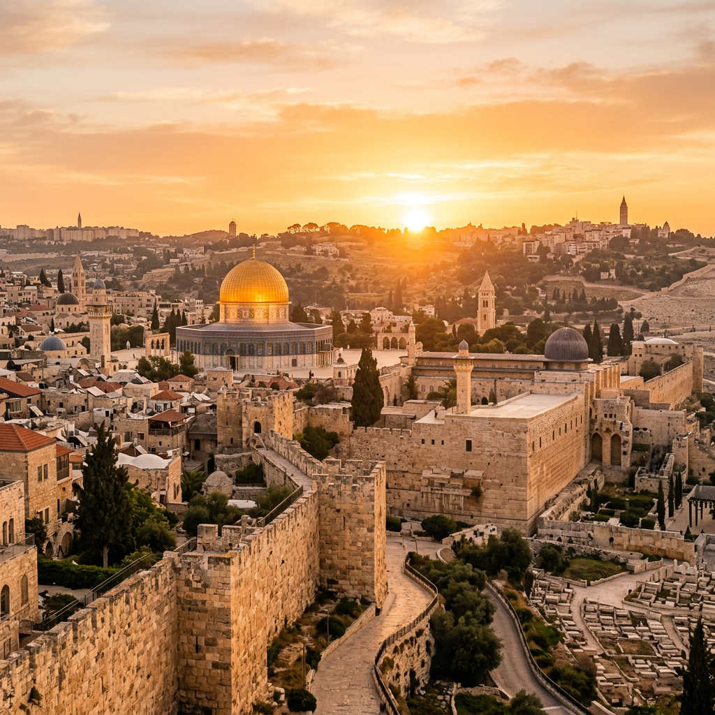 Jerusalem skyline at sunrise with Dome of the Rock and ancient walls