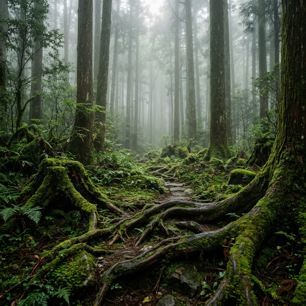 Forest path with moss-covered tree roots and tall trees in mist