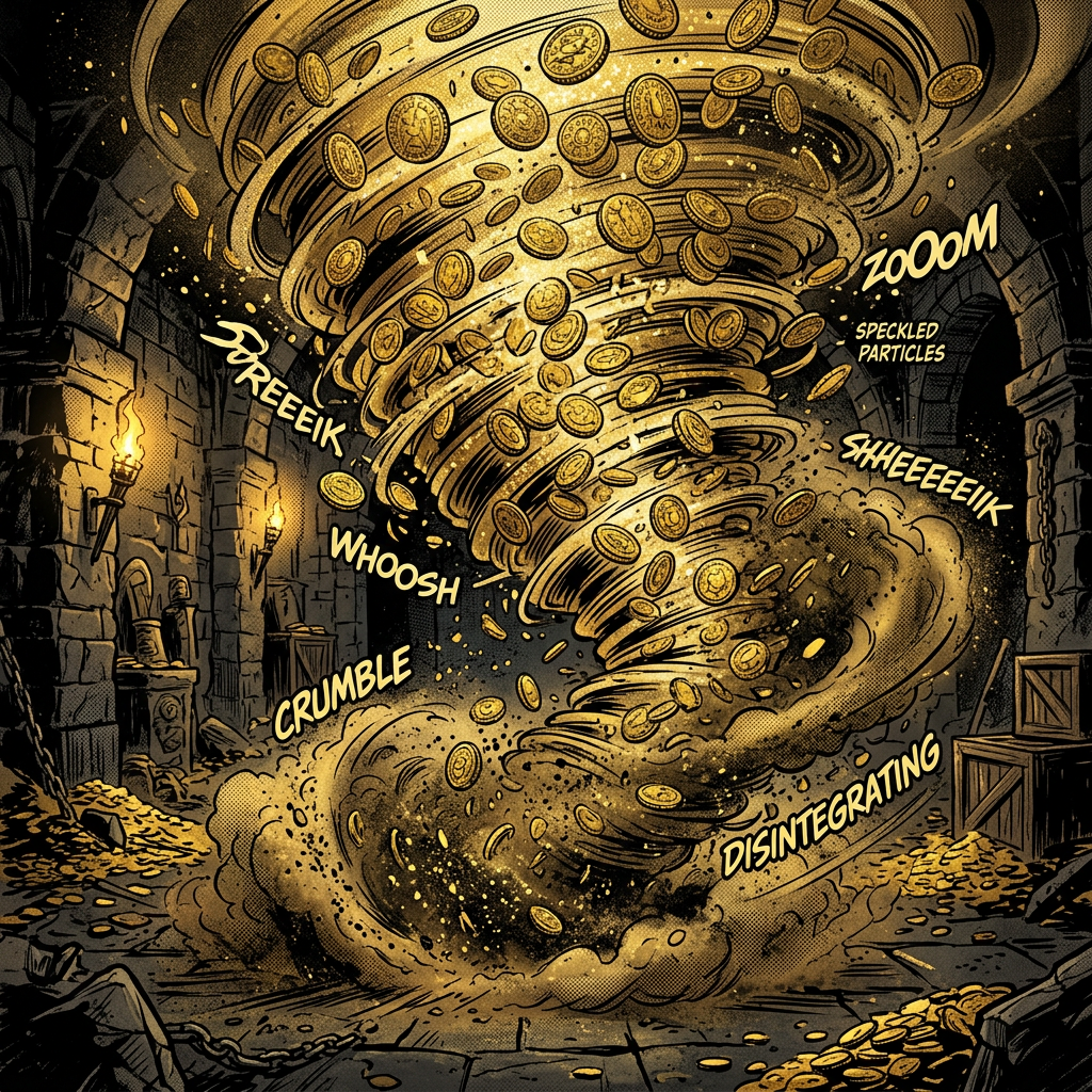 Tornado of gold coins swirling inside a stone dungeon with torches and crates