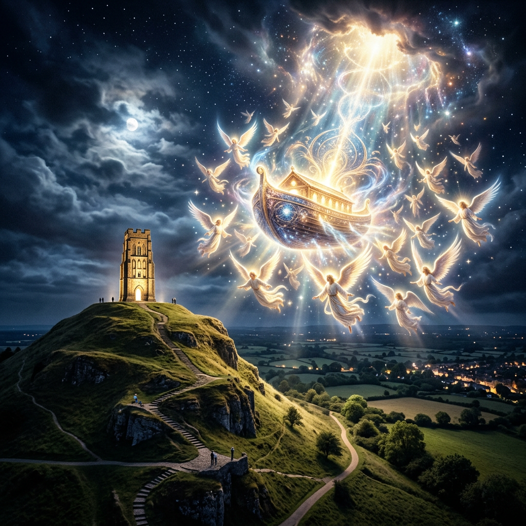 Glowing ark ascending into night sky with angels near hilltop tower