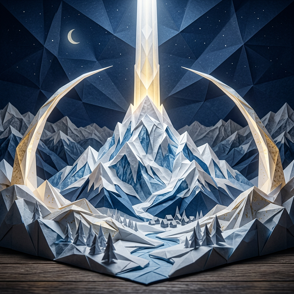 Paper art of a mountain with glowing peak, curved structures, trees, a river, and a crescent moon in a starry night