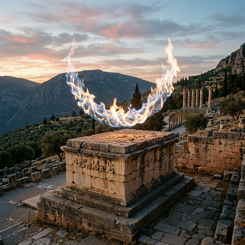 Ancient stone altar with blue flame in Greek archaeological site at sunset