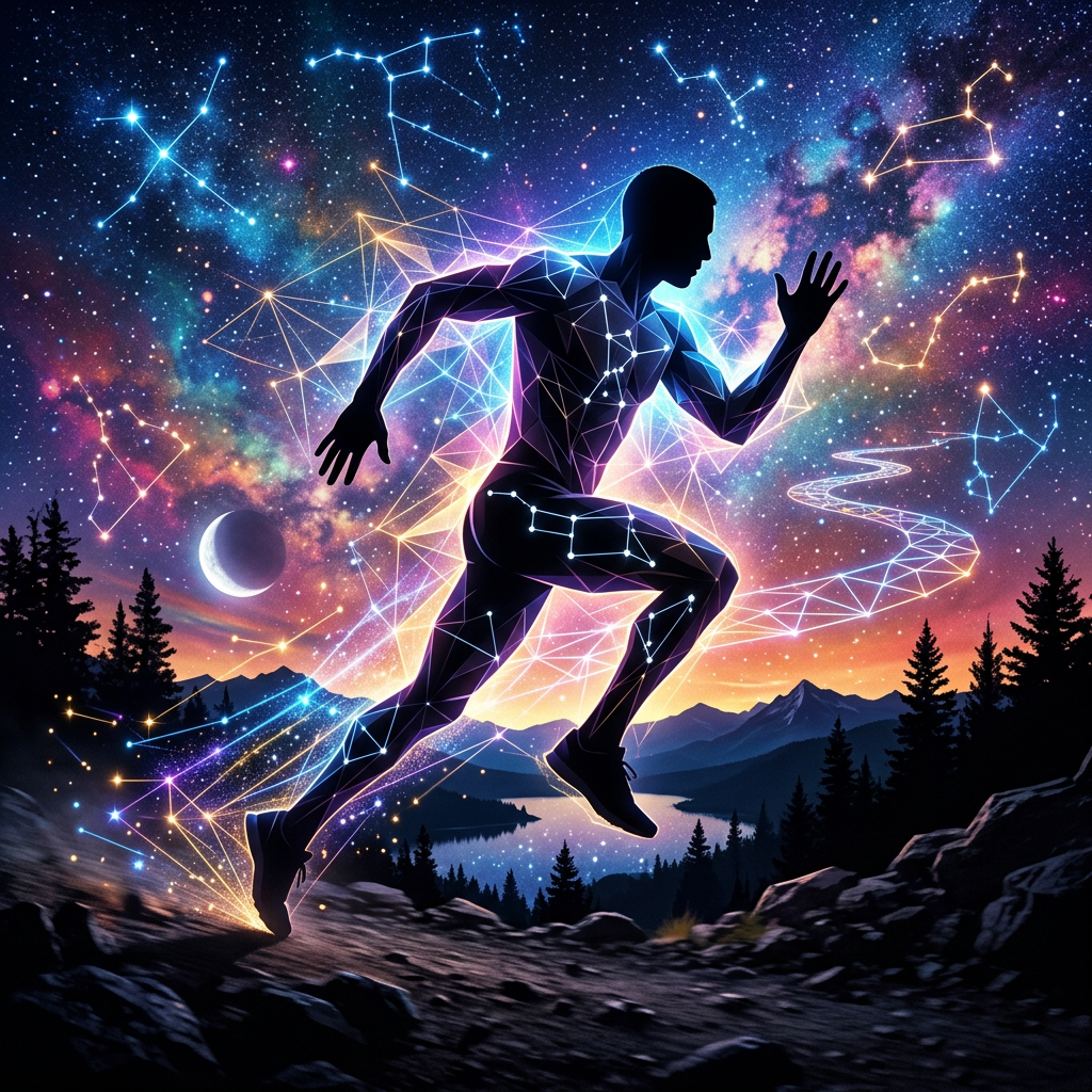 Silhouette of a runner made of glowing constellation lines with night sky and mountains