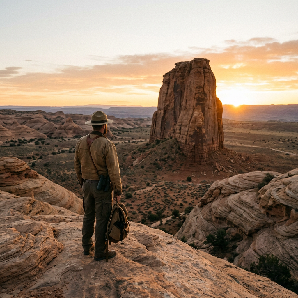 Person wearing ranger outfit looking at large rock formation in desert at sunset