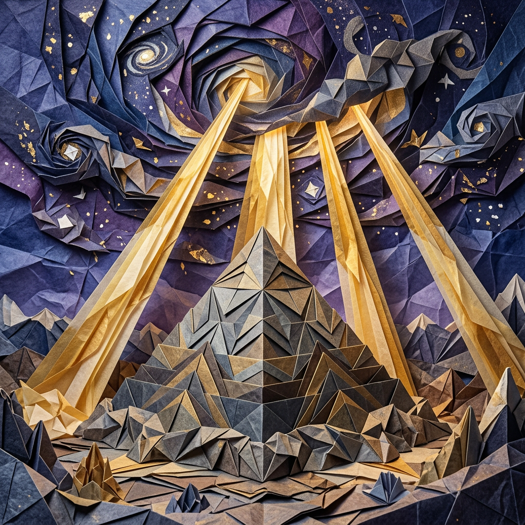 Origami pyramid with golden beams of light under a starry night sky with swirling galaxies