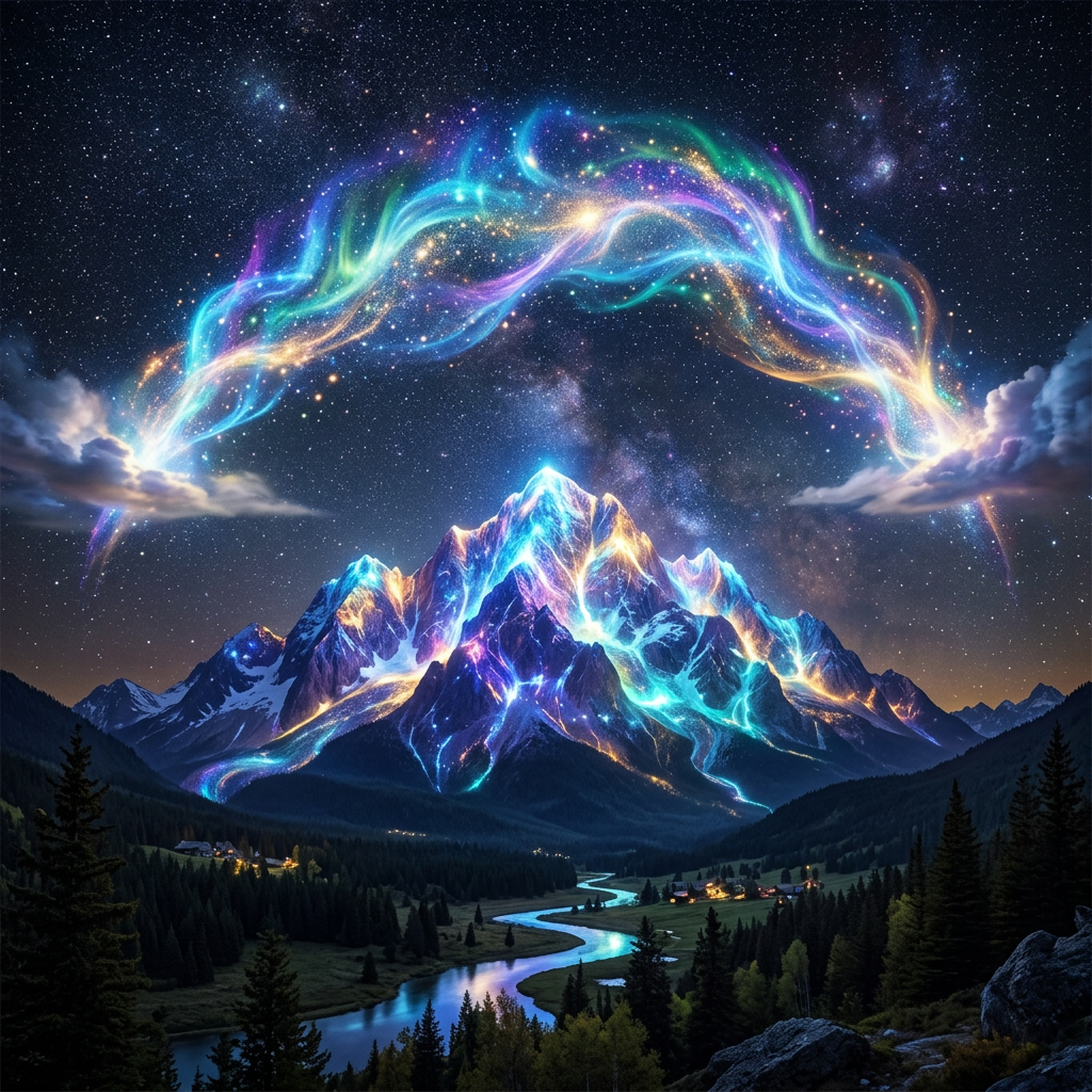 Mountain glowing with bright multicolored lights under a star-filled night sky with colorful aurora above