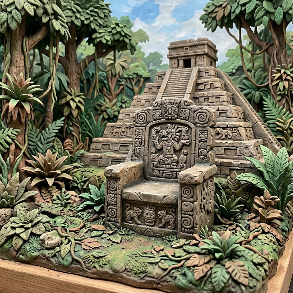 Mayan-style stone throne with detailed carvings in front of a stepped temple pyramid and dense jungle plants
