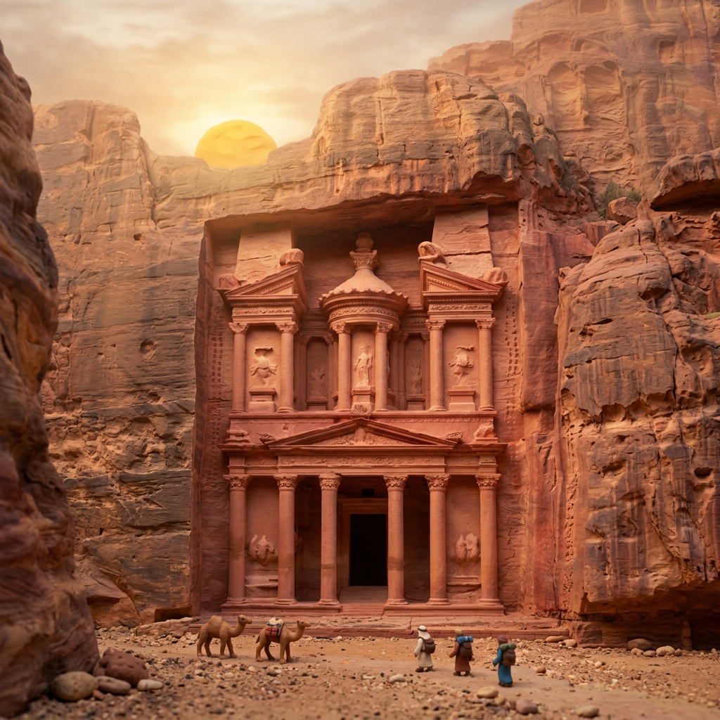 Petra's Treasury carved into red sandstone cliffs with camels and travelers in front