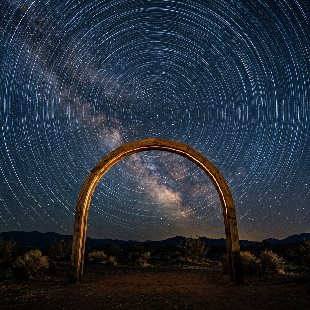 Wooden arch in desert with circular star trails overhead
