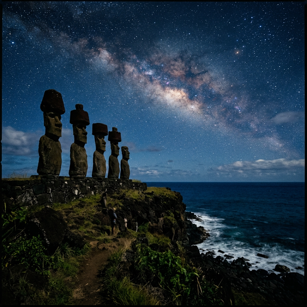 Six Easter Island Moai statues on a stone platform along a grassy cliff with the Milky Way galaxy visible in the night sky above