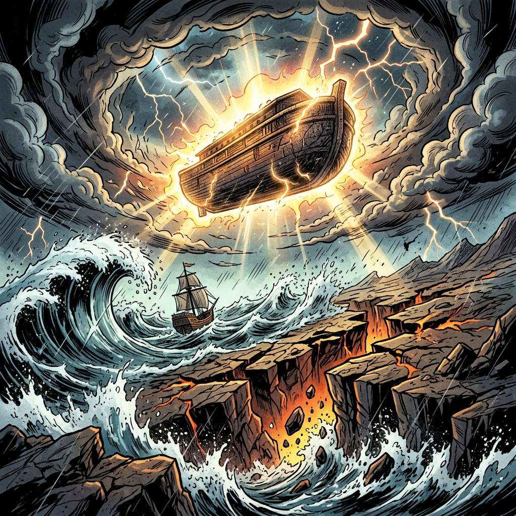 Wooden ark glowing and floating above turbulent waves and cracked earth with lightning.