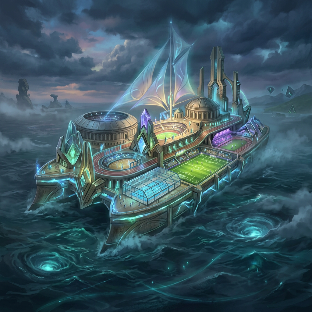 A futuristic floating sports complex with illuminated stadiums for various sports on a stormy ocean under dark clouds