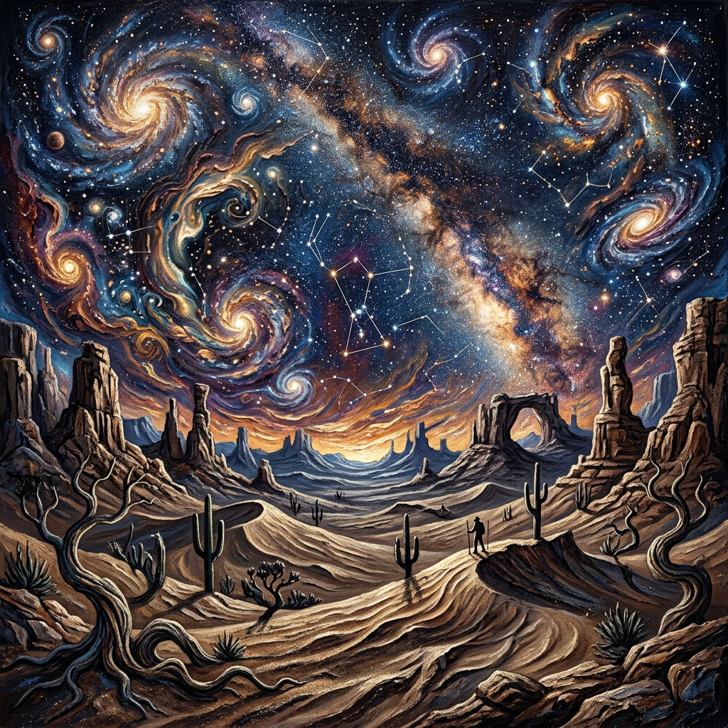 Desert landscape with cacti and rock formations under a night sky showing stars, constellations, and swirling galaxies