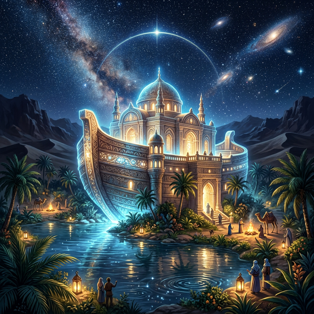 An illuminated ornate palace with domes and towers beside a river at night