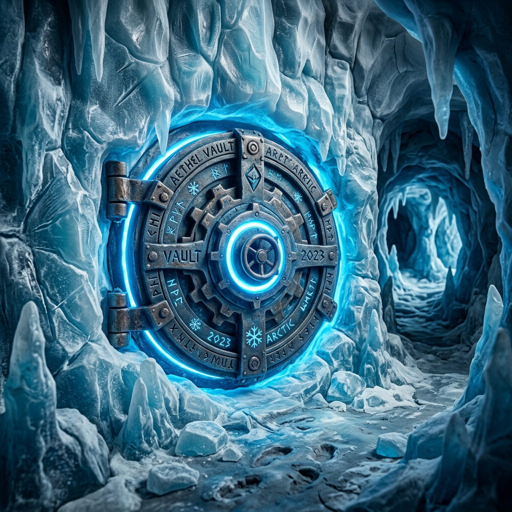Circular metallic vault door with glowing blue rings set in icy cave walls and floor with icicles