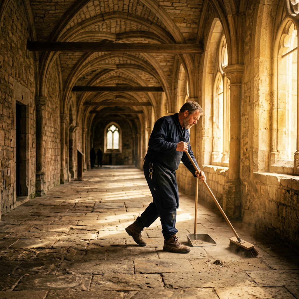 Man sweeping stone floor in historic arched corridor with sunlight
