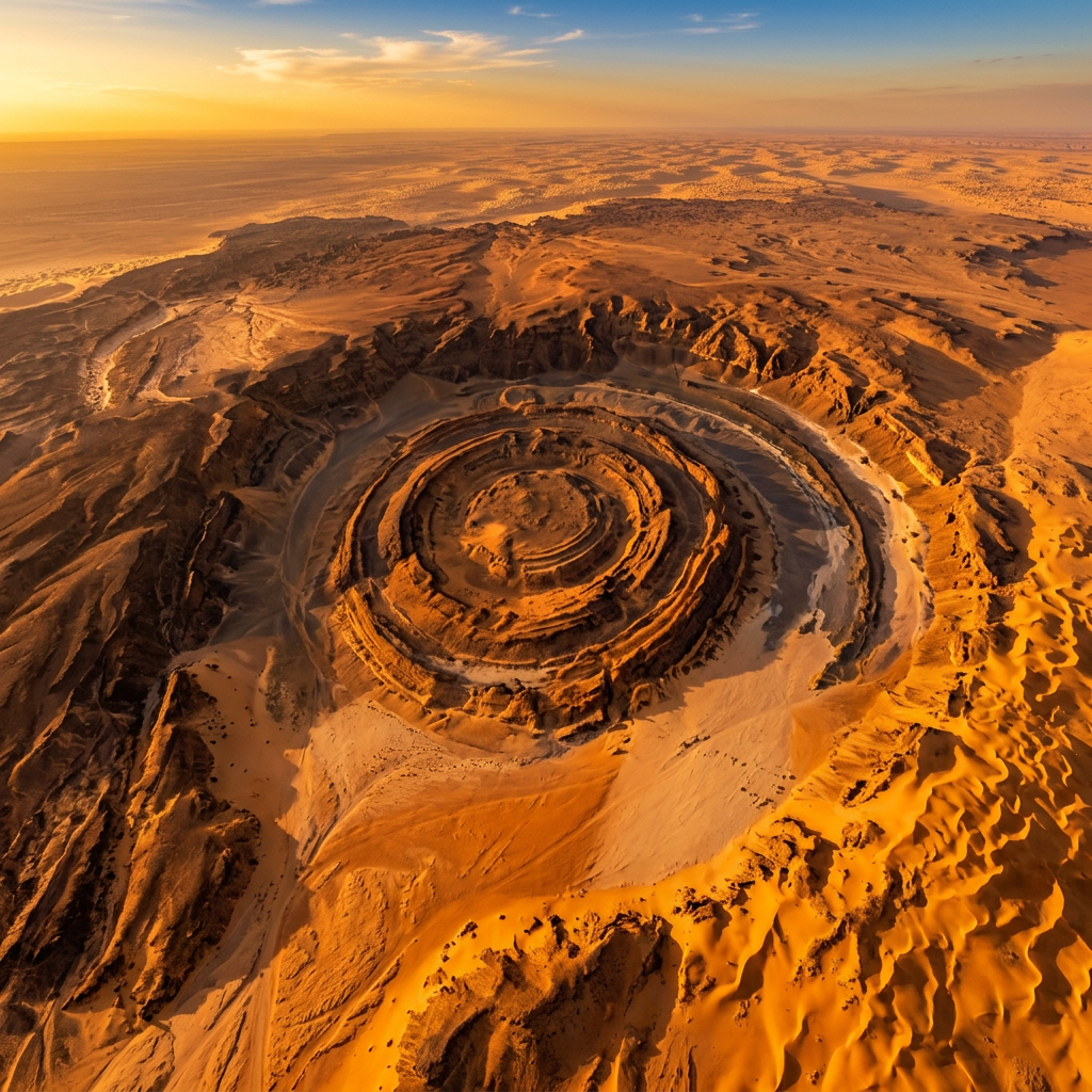 A massive circular rock formation with concentric rings in the middle of a desert landscape.