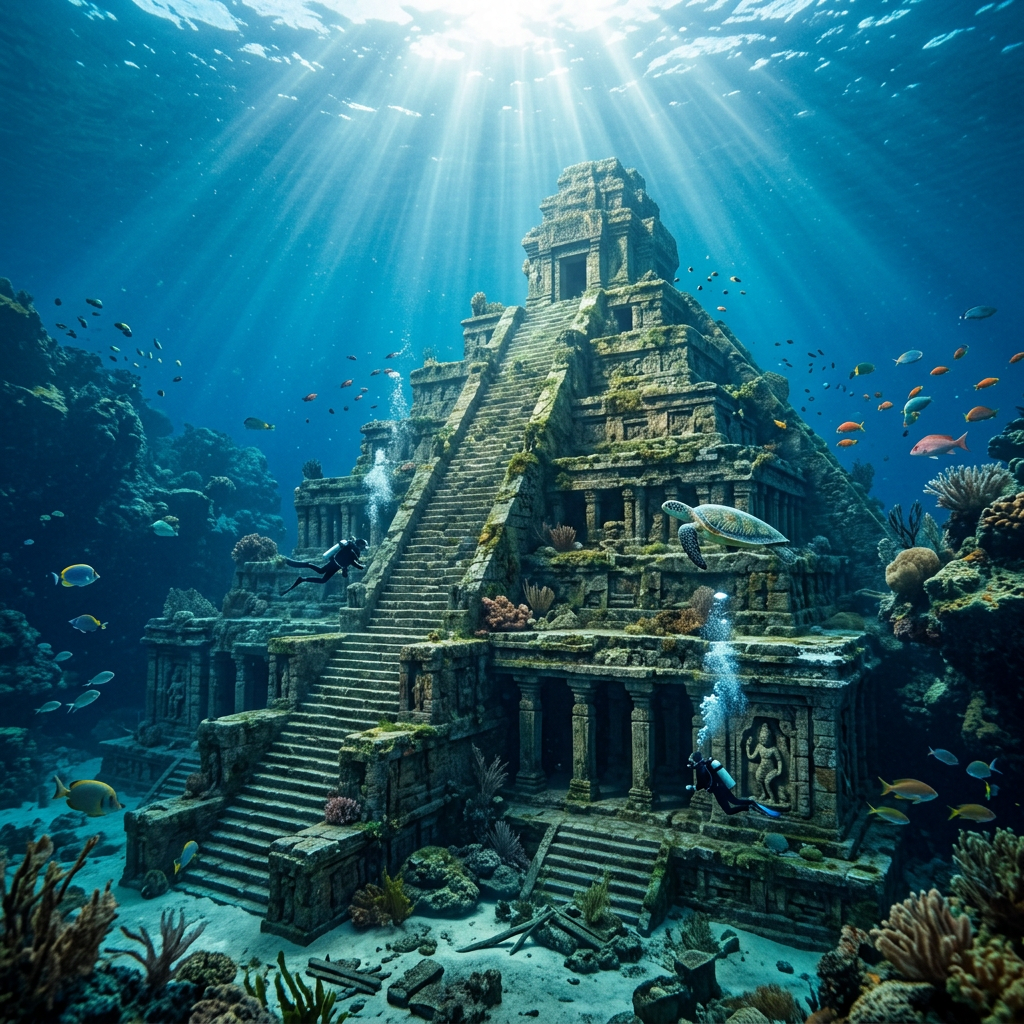 Sunlit underwater ancient temple with divers, fish, and a sea turtle