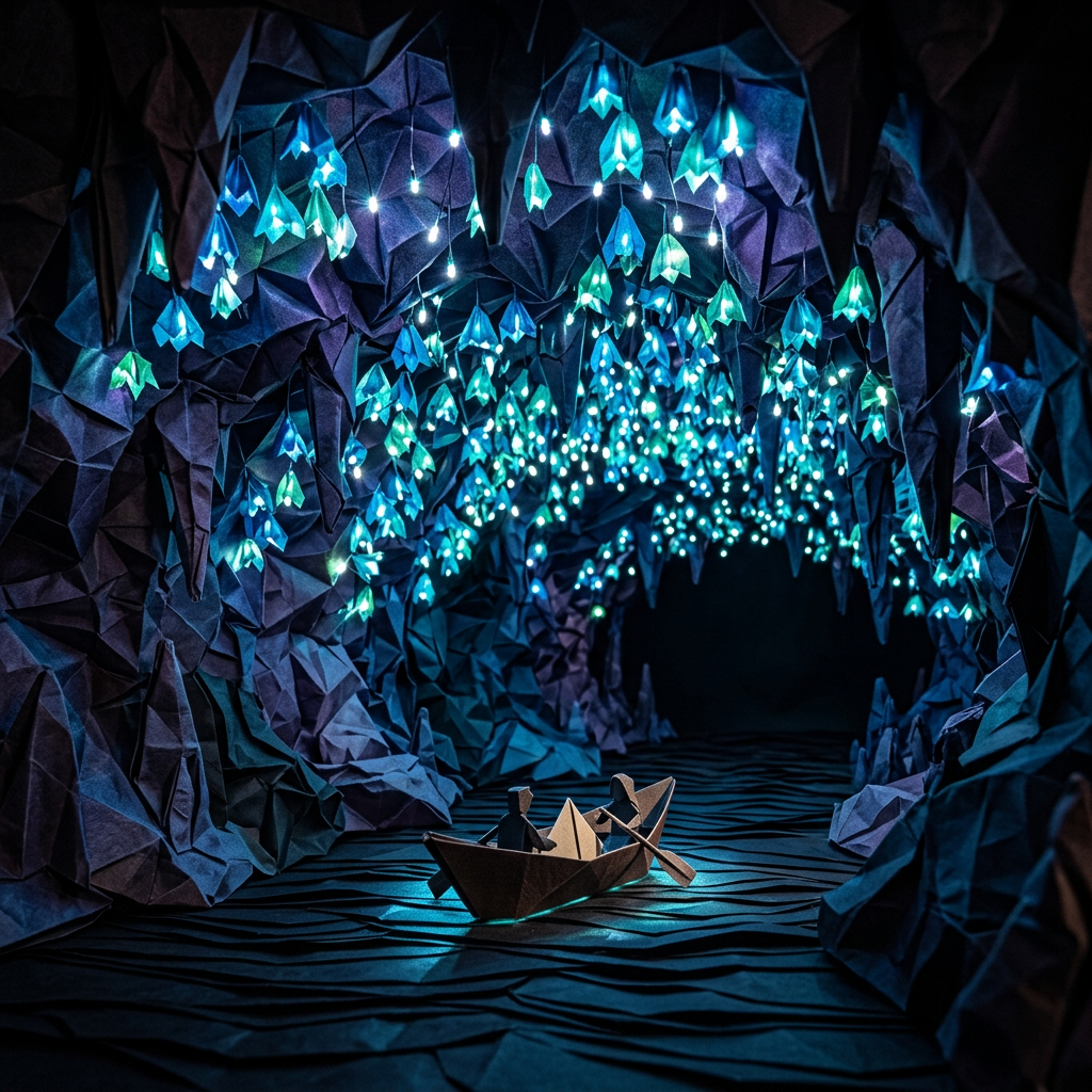Two paper figures rowing a boat inside a blue paper cave illuminated by hanging glowing lights.