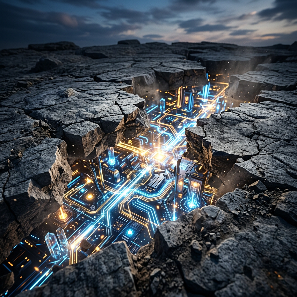 Glowing blue and orange digital circuitry beneath cracked, dry earth surface