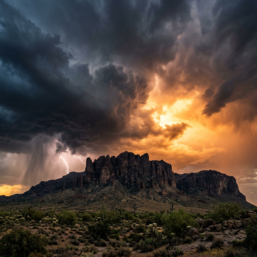 Lightning striking near a rugged mountain under dark storm clouds at sunset