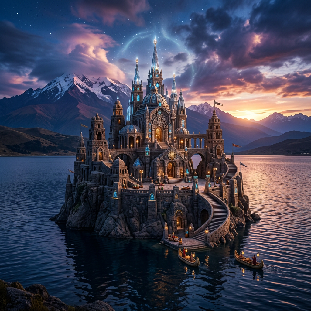 A fantasy castle with glowing towers on a lake surrounded by mountains at sunset