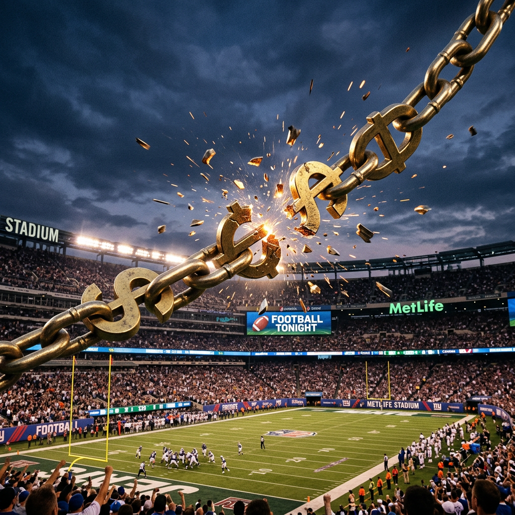 Football stadium with a chain of dollar signs breaking apart overhead