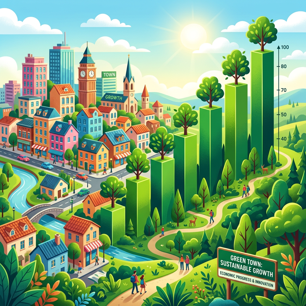 Town with buildings and green bar charts topped with trees showing sustainable growth