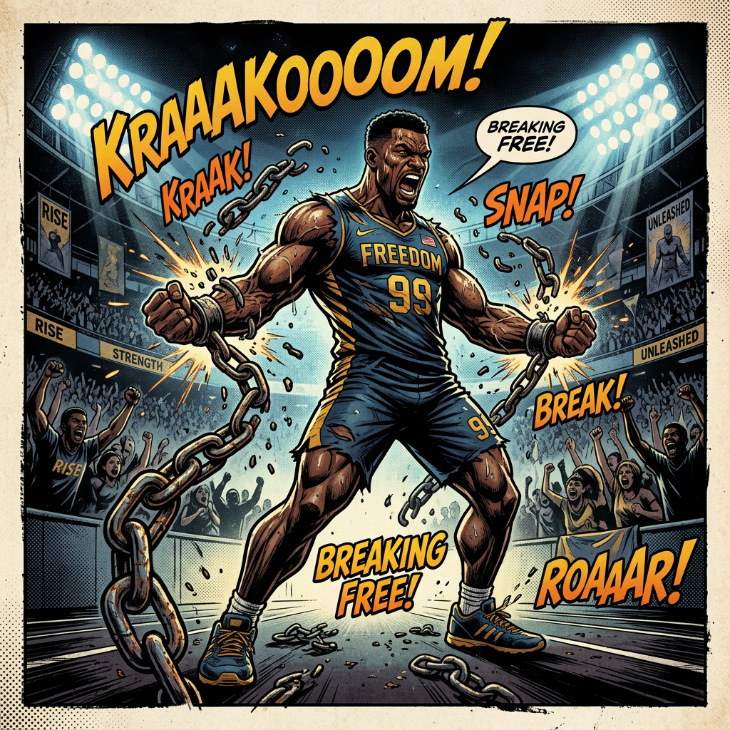 Athlete in sports uniform breaking heavy chains with crowd cheering