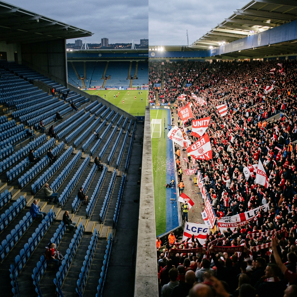 Football stadium with one side filled with cheering fans holding flags and the opposite side mostly empty blue seats