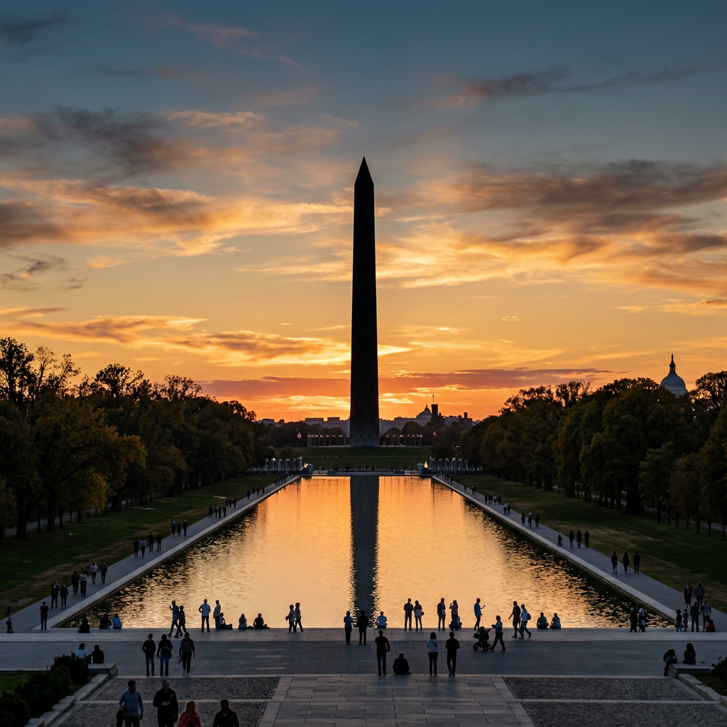 Washington Monument reflected in the Reflecting Pool at sunset with visitors nearby