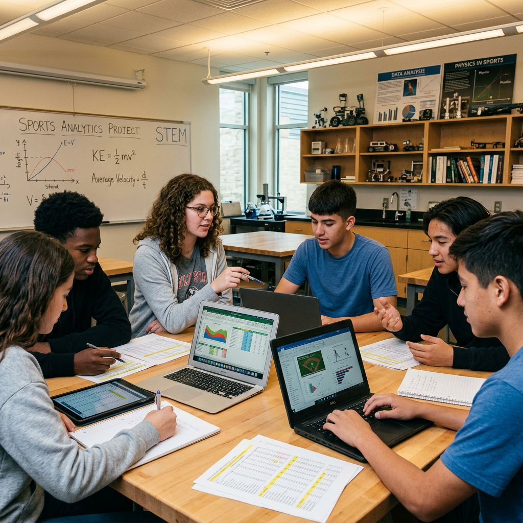 Students collaborating on sports analytics project with laptops and charts in classroom