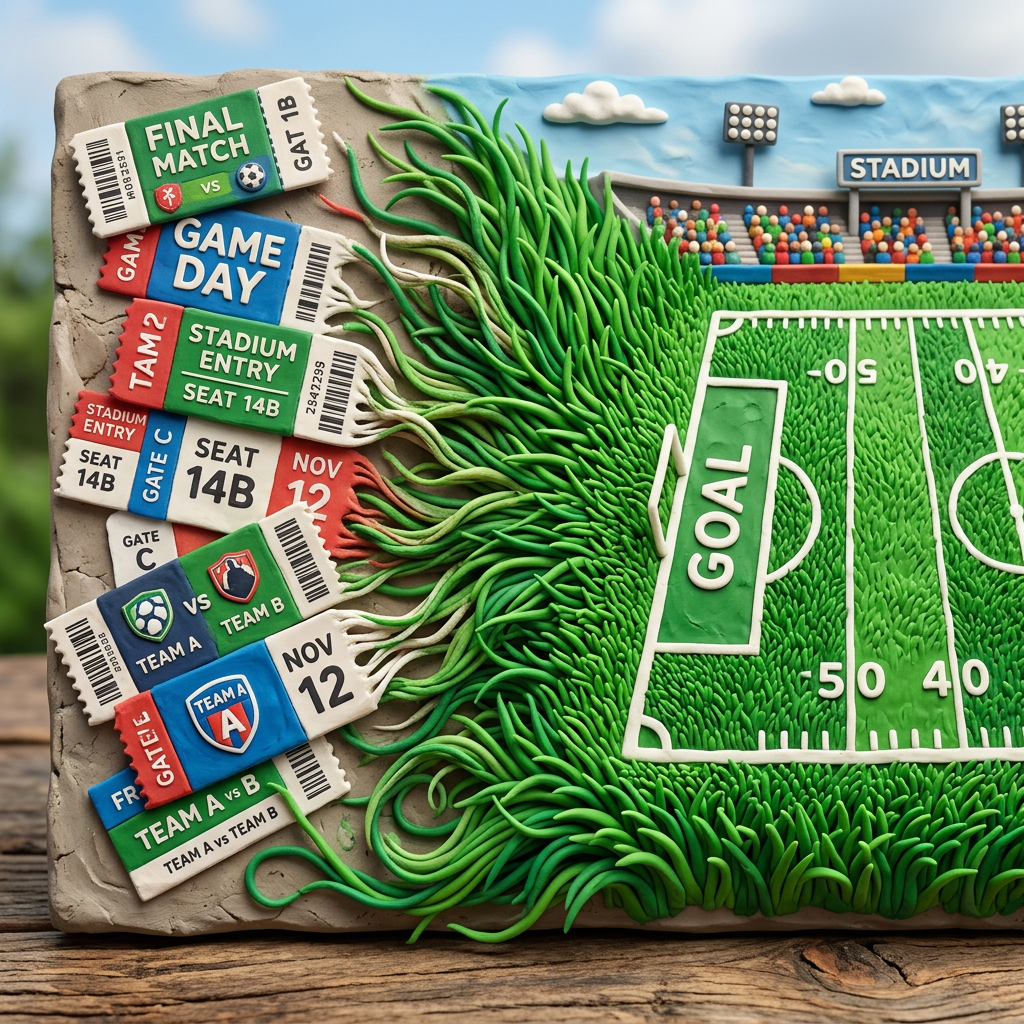 Various colorful sports event tickets alongside a miniature green stadium field