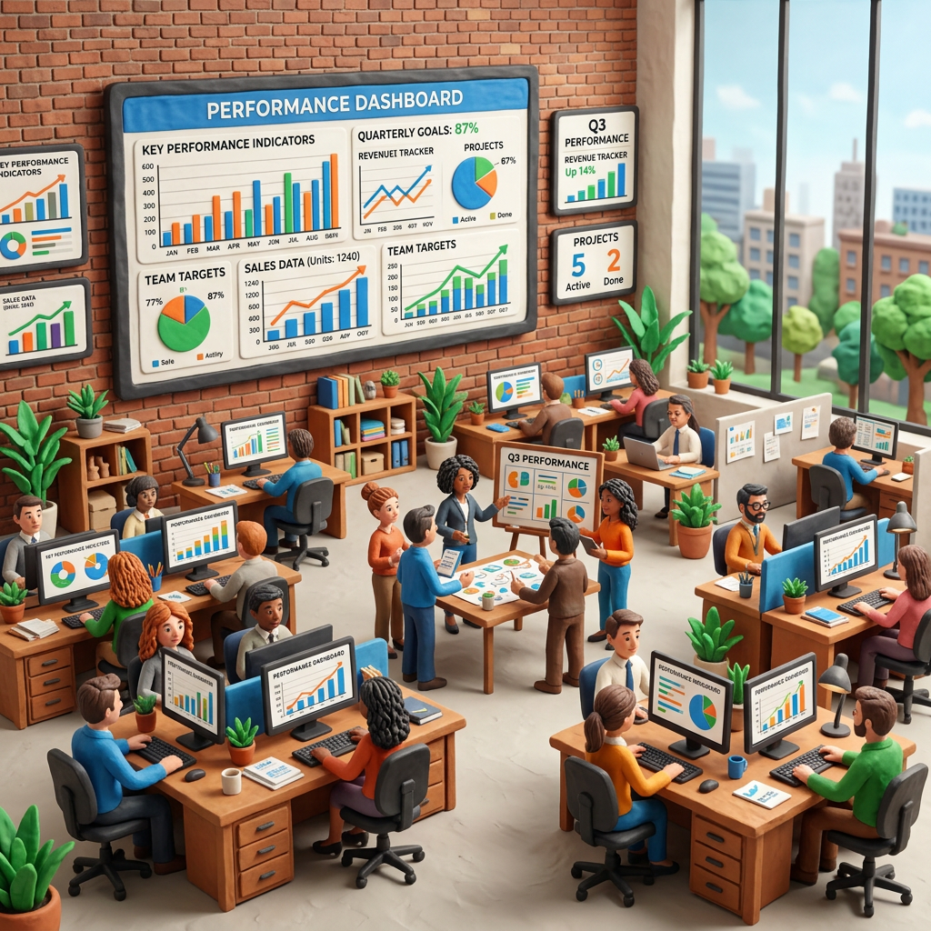 Office team working with performance dashboards showing key metrics and charts
