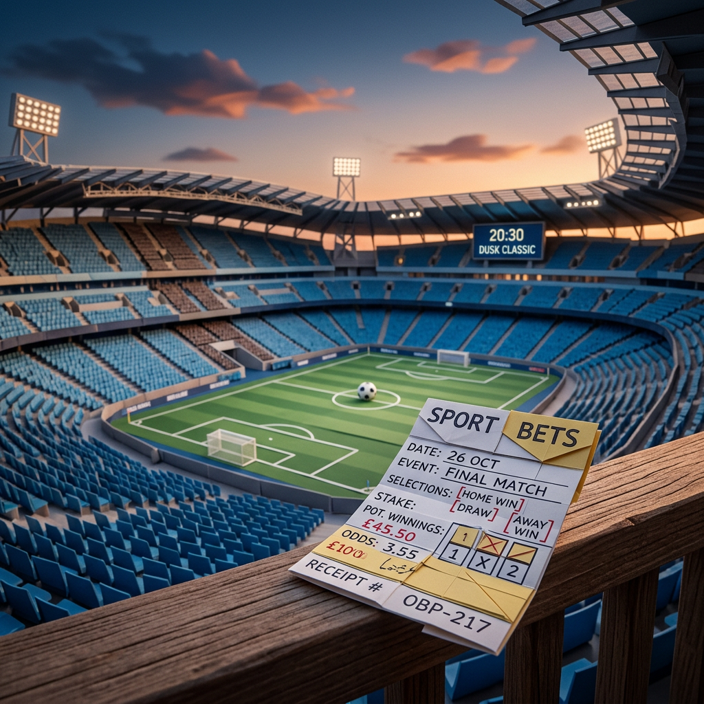 Sports betting ticket with football stadium in the background at sunset