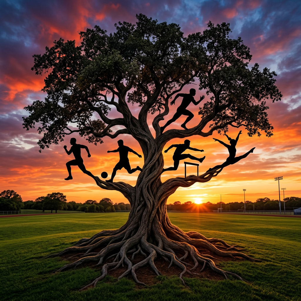 Tree with silhouettes of athletes running, playing soccer, and jumping against sunset