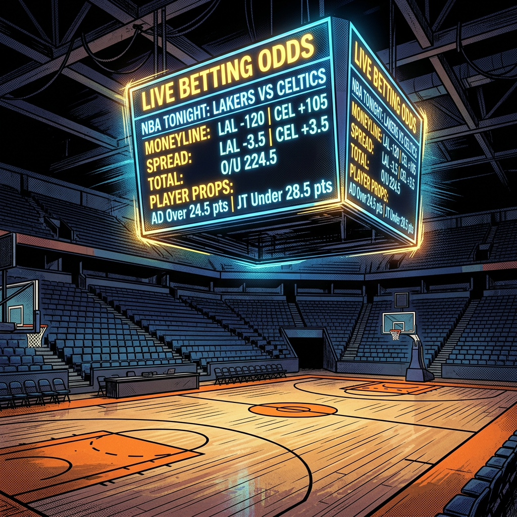 Live betting odds for NBA Lakers vs Celtics game displaying moneyline, spread, total, and player props