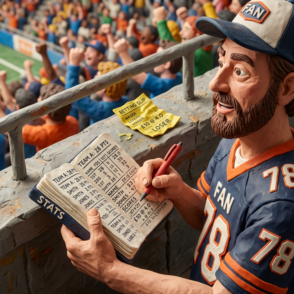 Sports fan wearing jersey number 78 recording game stats with a pen and holding a betting slip at a stadium
