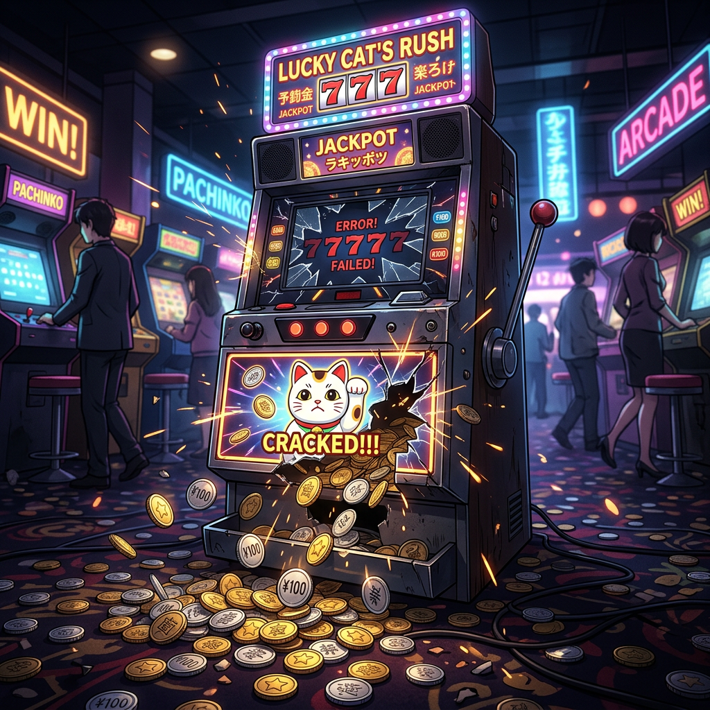 Slot machine with cracked screen and coins spilling out in arcade