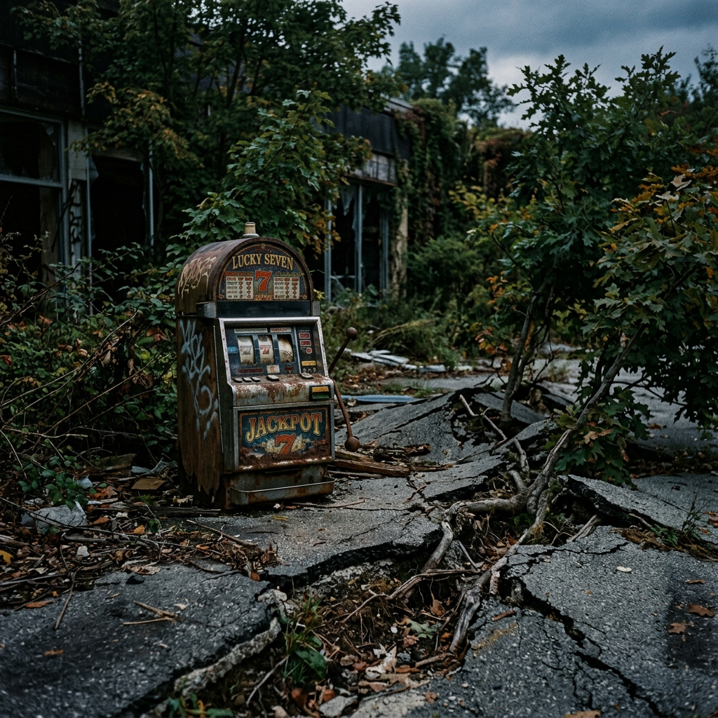 Rusty slot machine surrounded by cracked pavement and dense overgrowth in an abandoned environment