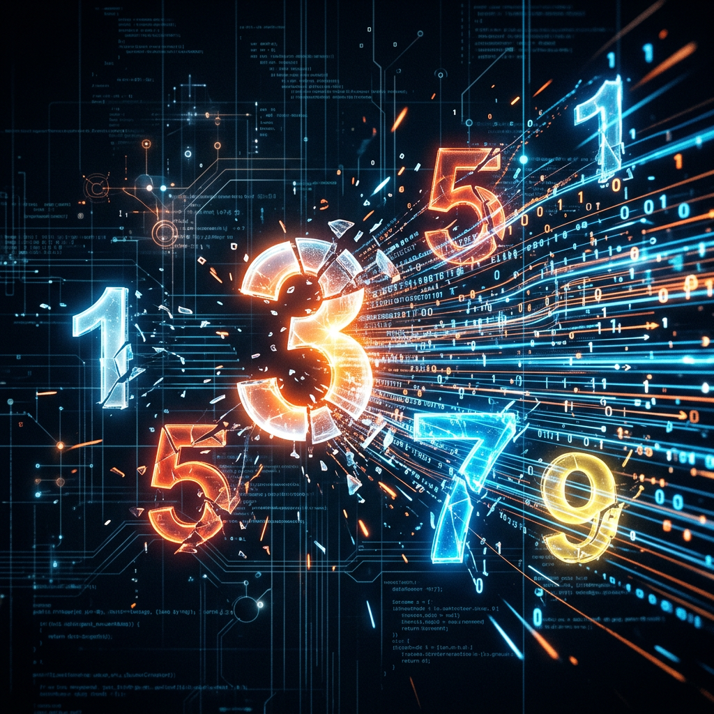 Digital visualization of colorful glowing numbers and data streams