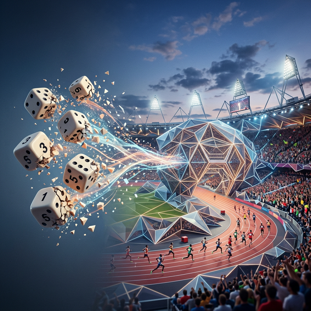 Dice rolling and breaking apart with energy streams merging into a geometric sports stadium track race.