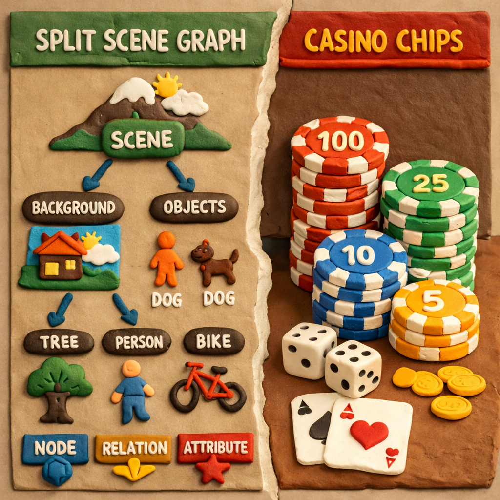 Split scene graph chart with background and objects alongside stacks of casino chips, dice, and playing cards.