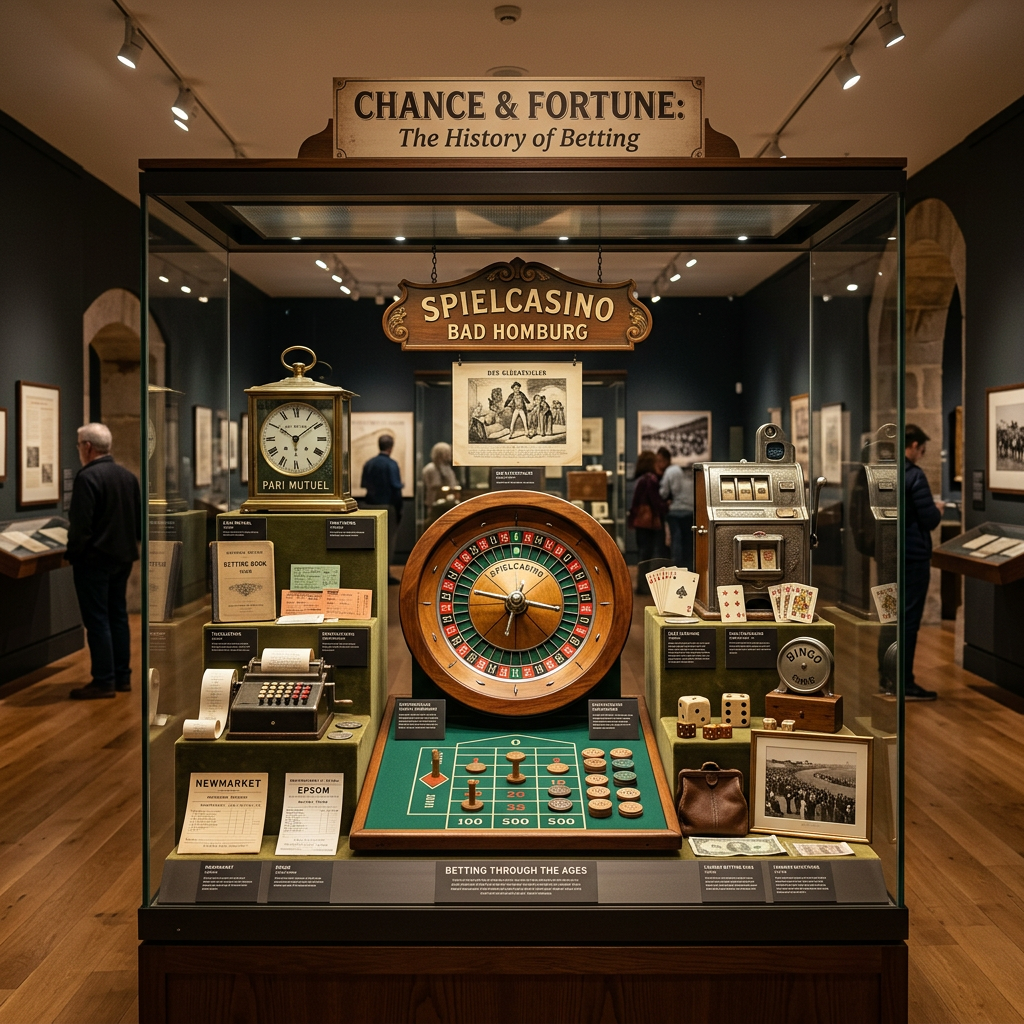 Display case with vintage roulette wheel, betting books, dice, cards, and early gambling devices